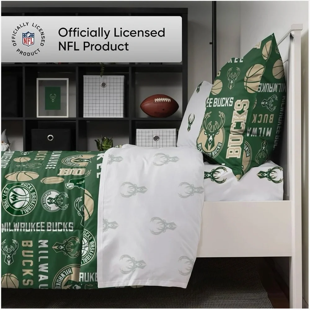 FOCO NBA Team Logo Bed in a Bag Comforter 5-Piece Set - Milwaukee Bucks